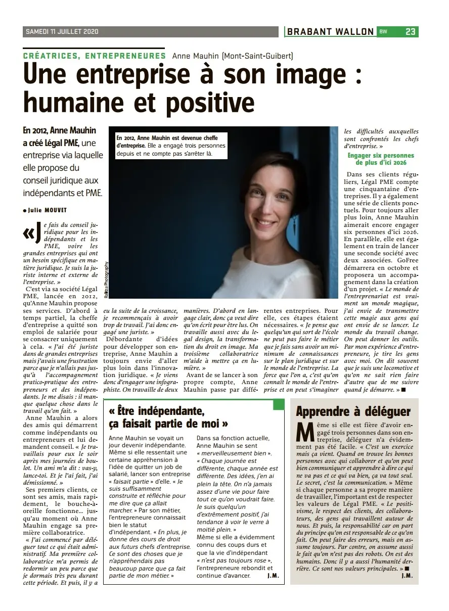 Interview de Anne Mauhin, fondatrice de Légal PME, par l'Avenir Brabant-Wallon